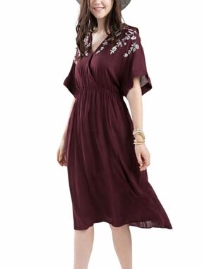 Mi Ami Burgundy Embroidered Midi Dress Flutter Sleeve Size M